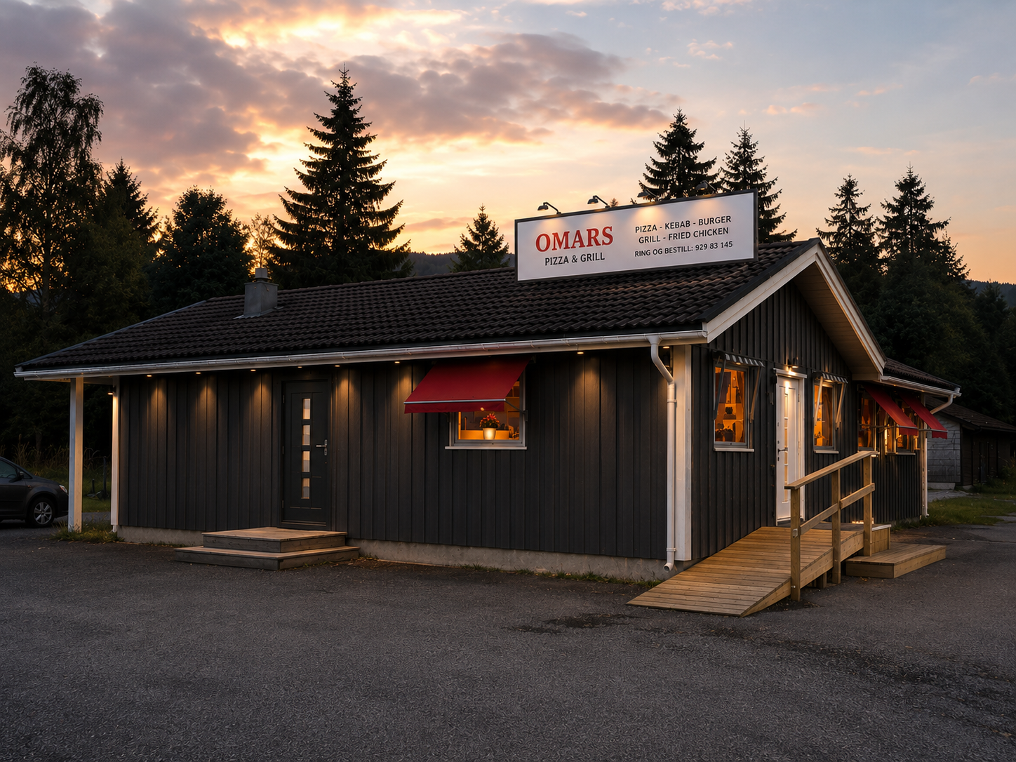 Omars Pizza & Grill – restauranten i Hurdal ved solnedgang